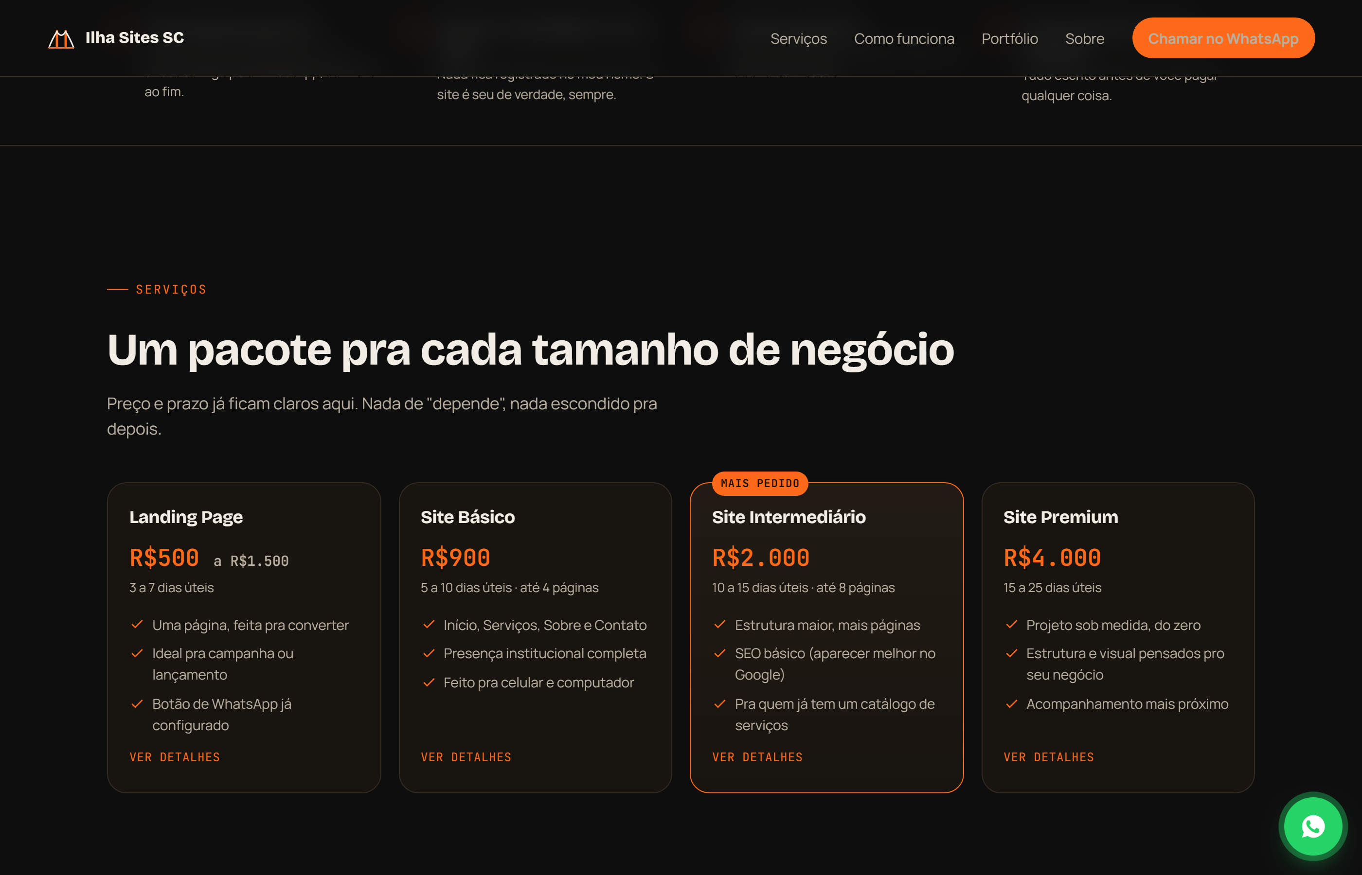 Seção de confiança e tabela de preços dos pacotes da Ilha Sites SC