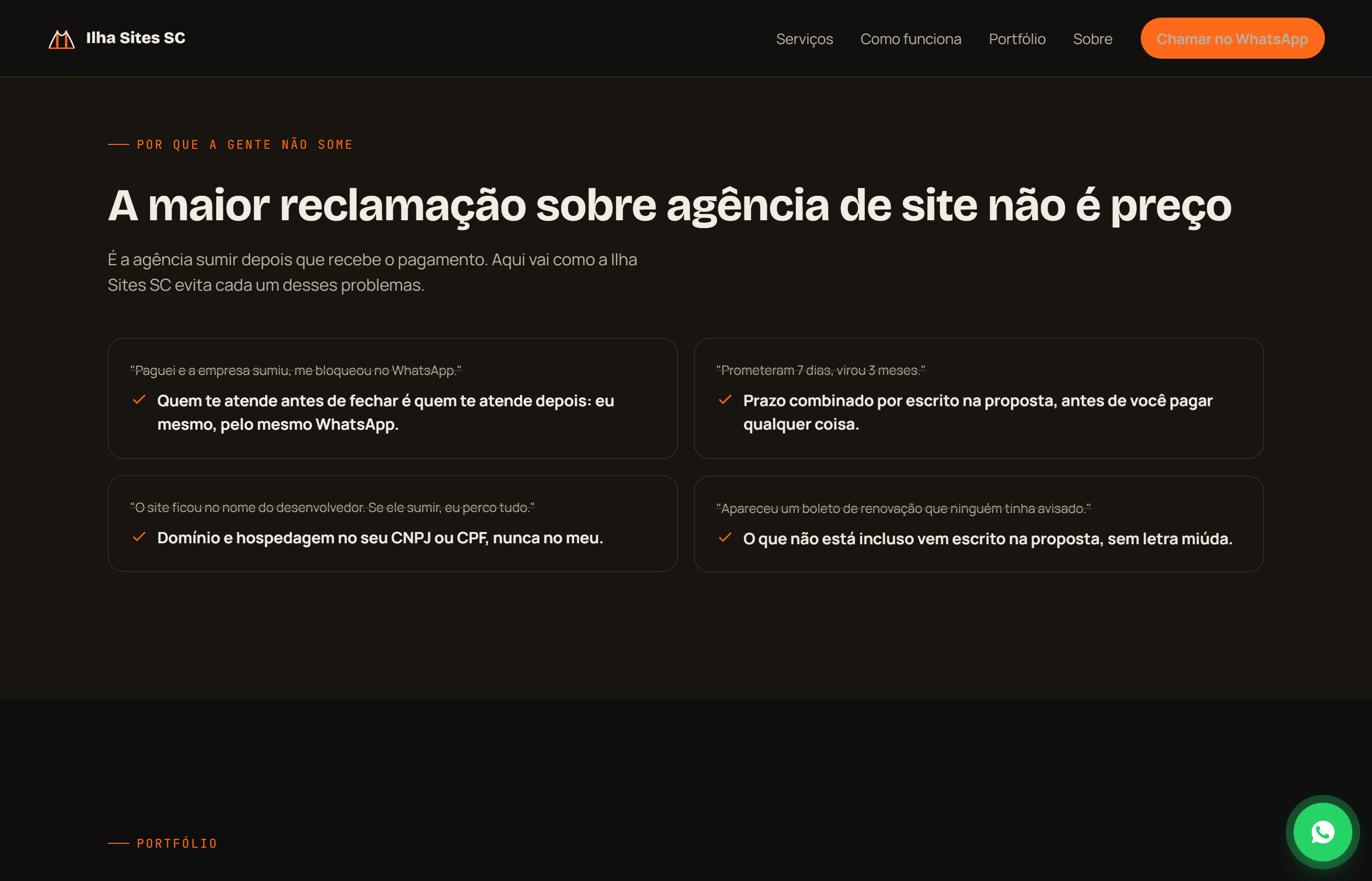 Seção Por Que a Gente Não Some, respondendo as dúvidas mais comuns sobre contratar um site