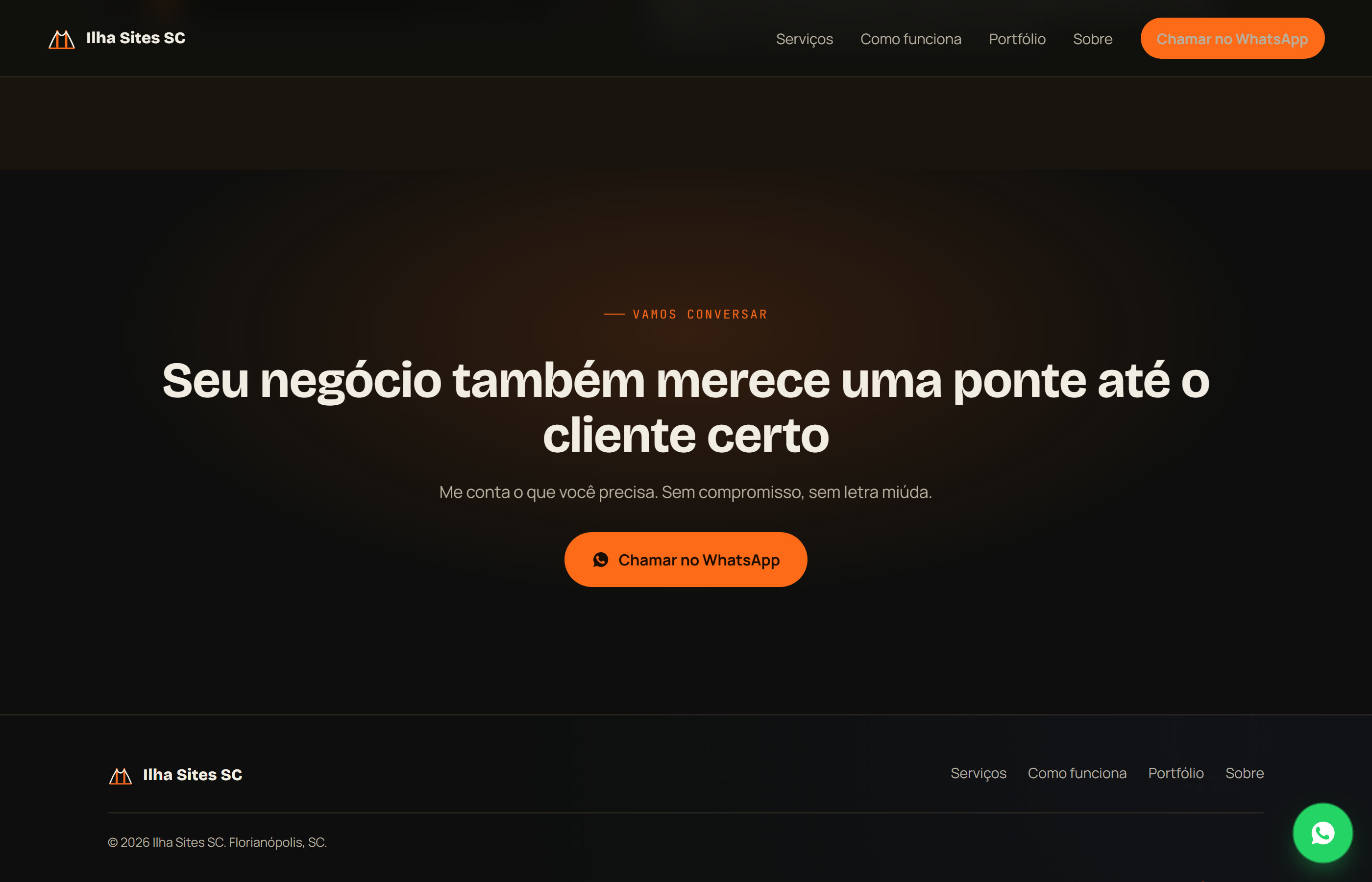 Chamada final para o WhatsApp e rodapé do site da Ilha Sites SC